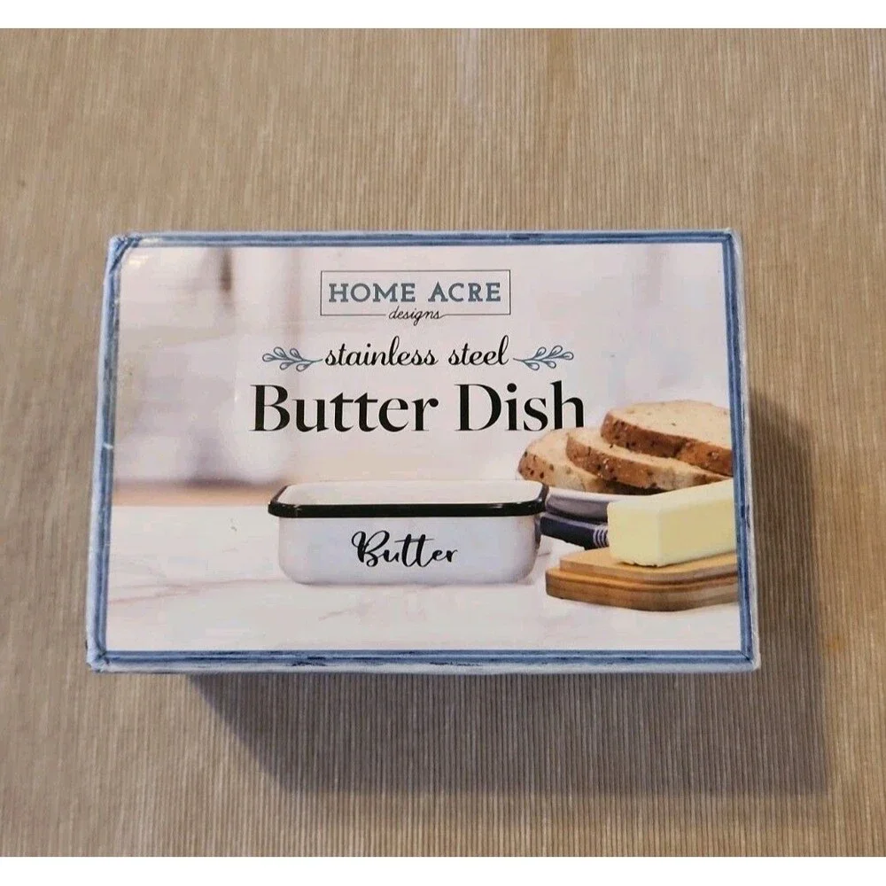 Home Acre Designs Butter Dish Bamboo Lid Stainless Steel Farmhouse Style NWOT